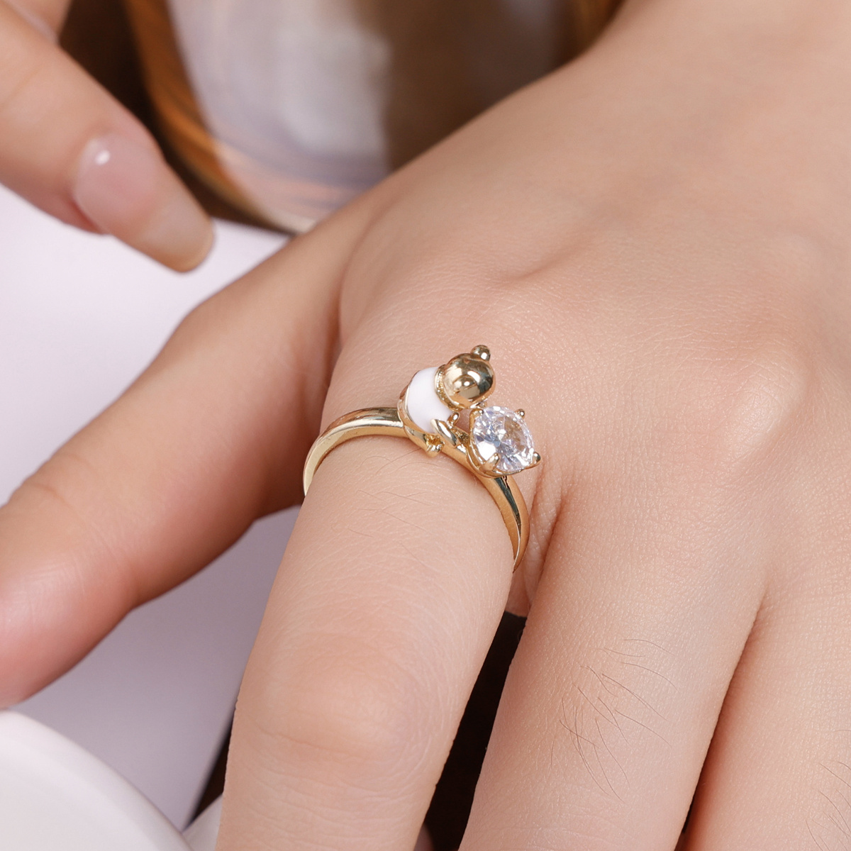 Minimalist Teddy Bear Open Ring with Shiny Zirconia